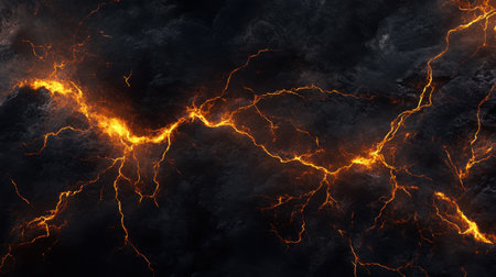 A dramatic display of fiery lightning strikes illuminating a dark, volcanic background. The vibrant energy creates an intense and captivating visual experience.の素材