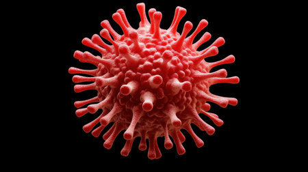 This detailed image showcases a red virus structure featuring spiky projections. Ideal for educational and scientific purposes, it highlights the intricate design of pathogens.の素材