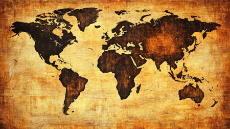 This vintage world map artwork features a textured brown background, ideal for travel enthusiasts and geography lovers. Perfect for home decor.の素材