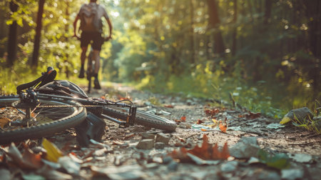 Cyclist with a broken bike on a trail, no repair stations or help aroundの素材