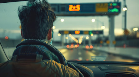 Driver at a toll booth with no attendant, looking perplexedの素材