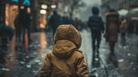 Child lost in a crowded place, looking for help but none aroundの素材