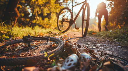 Cyclist with a broken bike on a trail, no repair stations or help aroundの素材