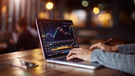 Confident investor reviewing stock market data on a laptop at a coffee shopの素材