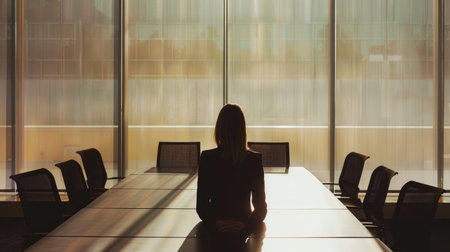 Businesswoman in an empty conference room, awaiting help that never arrivesの素材