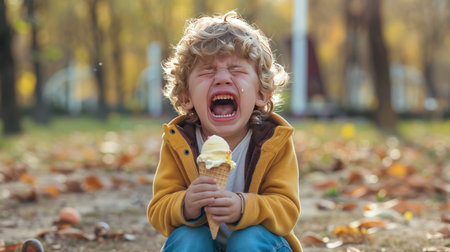 Child crying in a park, ice cream cone dropped on the groundの素材