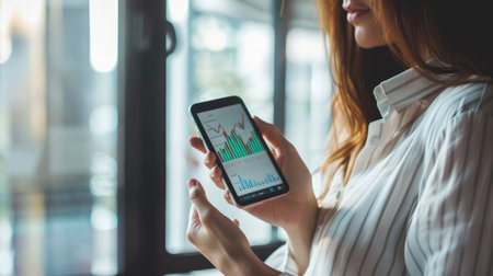 Businesswoman investor holding a smartphone and looking at stock graphsの素材
