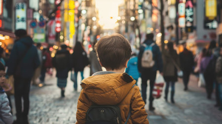 Child lost in a crowded place, looking for help but none aroundの素材