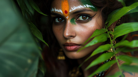 A captivating portrait of an ethnic woman adorned with traditional face paint, framed by lush green leaves, showcasing natural beauty and cultural richness.の素材