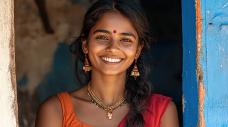 A young woman smiles brightly while standing in a colorful doorway, showcasing traditional attire and jewelry, radiating warmth and joy in a vibrant setting.の素材