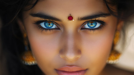 A mesmerizing close-up of a woman showcasing her striking blue eyes and intricate jewelry. This image captures beauty and elegance, highlighting cultural richness and emotional expression.の素材