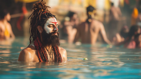 A serene man meditating in water during a vibrant festival. His thoughtful expression and painted face reflect a deep connection to spirituality and tradition.の素材