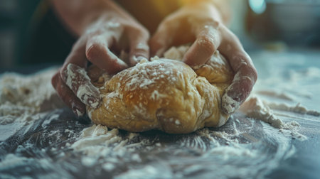 A close-up of hands kneading dough on a floured surface, ready to make bread.の素材