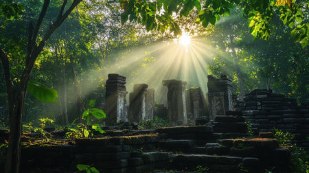 The overgrown remains of an ancient temple, surrounded by thick tropical jungle, with rays of sunlight piercing through the trees.の素材