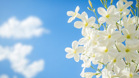 A stunning arrangement of white flowers set against a vibrant blue sky with soft clouds. This serene image captures the beauty of nature in full bloom.の素材