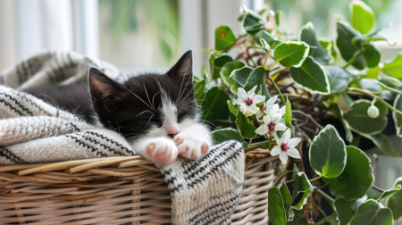 An adorable black and white kitten sleeping soundly in a wicker basket lined with a soft blanket, next to a blooming houseplant.の素材