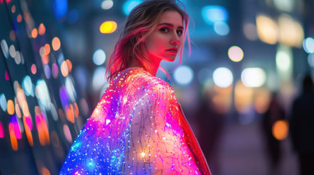 A model in a glowing LED jacket, standing in a futuristic urban setting with neon lights reflecting on glass buildings.の素材