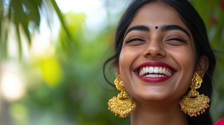 Young Indian woman with bold gold earrings, captured in a candid laugh, radiating happiness and charm.の素材
