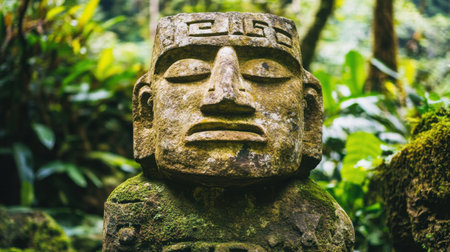 A mysterious stone statue hidden within the jungle ruins, partially covered by moss and surrounded by lush green vegetation.の素材