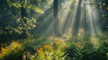 Rays of sunlight piercing through thick canopy, illuminating patches of ferns and wildflowersの素材