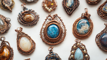 Close-up of elegant copper wire jewelry with delicate stone encasements, showcasing meticulous handcrafted design on a white backdropの素材
