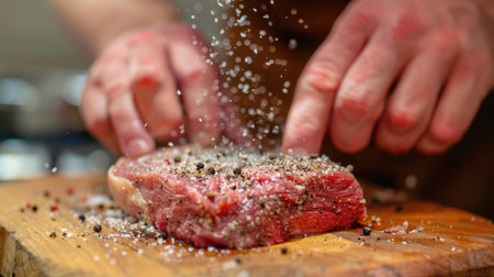 A close-up of hands seasoning a raw steak with salt and pepper on a wooden board.の素材