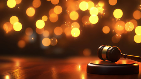 A detailed view of a gavel placed on a wooden table, surrounded by a soft bokeh of golden lights. This image symbolizes authority and justice, perfect for legal themes.の素材
