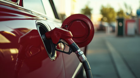 A vibrant red car being refueled at a gas station, featuring a close-up view of the fuel pump nozzle. The scene captures the essence of outdoor transportation and energy.の素材