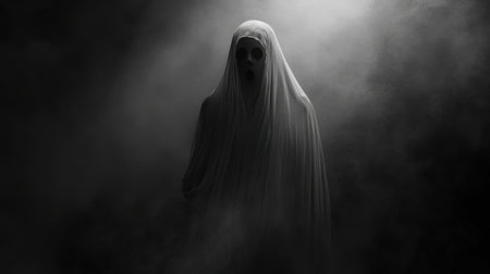A haunting figure draped in a white cloak emerges from the fog, capturing the essence of fear and mystery. The play of light and shadow creates an eerie atmosphere.の素材