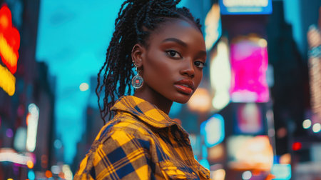 Fashion-forward model in bold streetwear, striking a pose against the backdrop of a vibrant, busy city, capturing the essence of urban culture and fashionの素材
