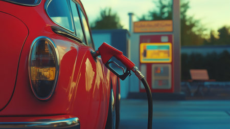 A vintage red car refuels at a classic gas station during sunset, capturing a nostalgic and peaceful moment of transportation and leisure in an urban setting.の素材