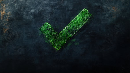 A vibrant green checkmark stands out against a dark textured background, symbolizing approval and success, perfect for concepts of verification and positivity.の素材