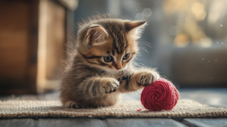 An endearing kitten playing with yarn, its tiny paws and curious expression bringing joy and warmth to the sceneの素材
