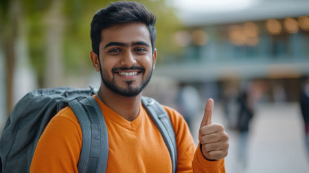 Young Indian student smiling brightly, giving a thumbs-up while standing in a modern college campus setting.の素材