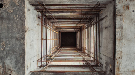 Rugged construction aperture surrounded by unfinished materials and rebar, set against a stark gray backgroundの素材
