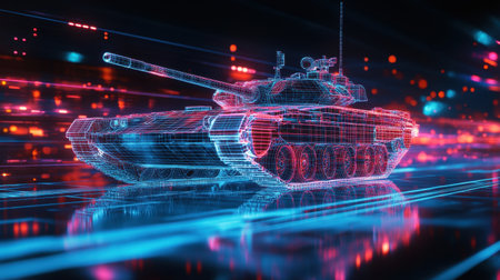 Detailed 3D hologram of a tank in motion, rendered in wireframe style to represent advanced military technology and 3D visualizationの素材