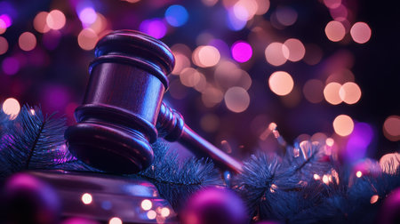 A wooden gavel rests on a reflective surface, surrounded by colorful bokeh lights and festive decorations, symbolizing law intertwined with celebration.の素材