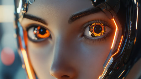 A striking portrait of a female android featuring an illuminated eye design, blending technology with human-like traits in a vivid and detailed representation.の素材
