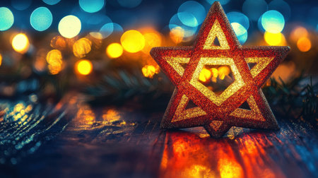 A beautiful star ornament shines against a colorful bokeh background. Perfect for festive decor, this image embodies the spirit of holidays and celebrations.の素材