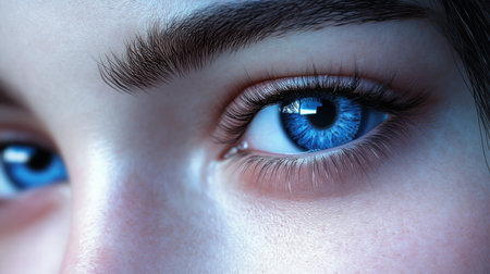This close-up image captures the stunning detail of a blue eye, showcasing the intricate patterns of the iris and the natural beauty of human features.の素材