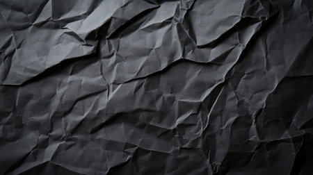 A close-up view of a textured black crumpled paper background ideal for use in graphic design and creative projects, providing depth and visual interest.の素材