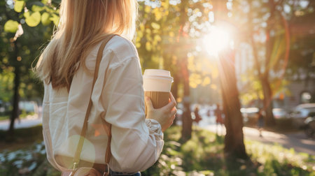 A woman holding a to-go coffee cup and walking through a city park on a sunny day.の素材