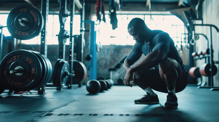 Athlete in a gym, struggling with a workout, no trainer availableの素材