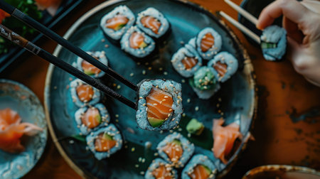 An overhead shot of a person arranging sushi rolls on a plate with chopsticks.の素材