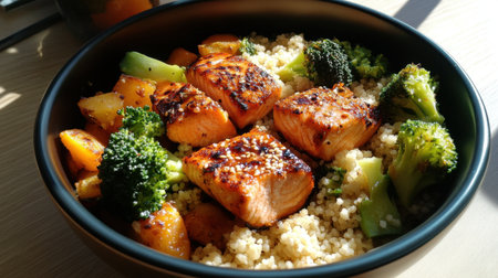 A healthy and delicious meal featuring grilled salmon served with broccoli and couscous. Perfect for balanced nutrition and vibrant presentation.の素材