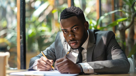 Businessperson listening intently during a meeting, taking notes on a padの素材