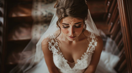 Bride in a wedding dress, sitting on a staircase, tears in her eyesの素材