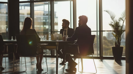 Businessperson confidently leading a meeting in a modern conference room, colleagues attentively listeningの素材