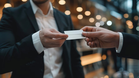 Businessperson networking at a corporate event, exchanging business cardsの素材