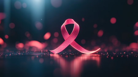 A vibrant pink ribbon sparkles against a dark background, symbolizing support and awareness for health-related causes. Perfect for campaigns and events.の素材